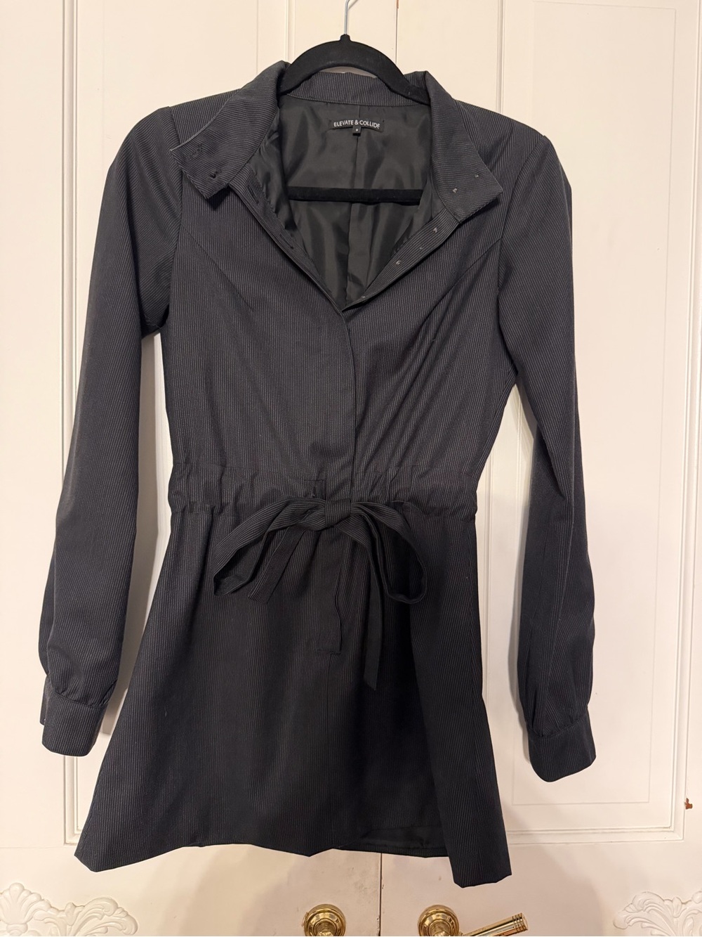 Elevate & Collide Black Pinstripe Belted Mini Shirtdress S